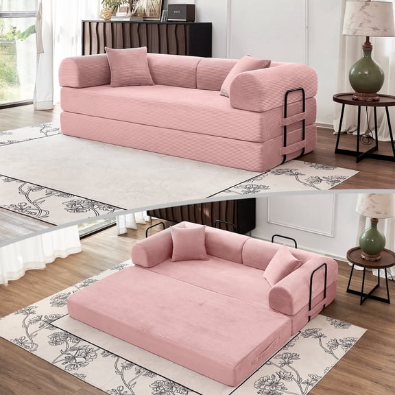 Linshora Convertible Sofa Bed,79'' Foldable Sleeper Lounge Modular Couch Comfort Compression Sofa Loveseat For Small Spaces Comfort, Pink