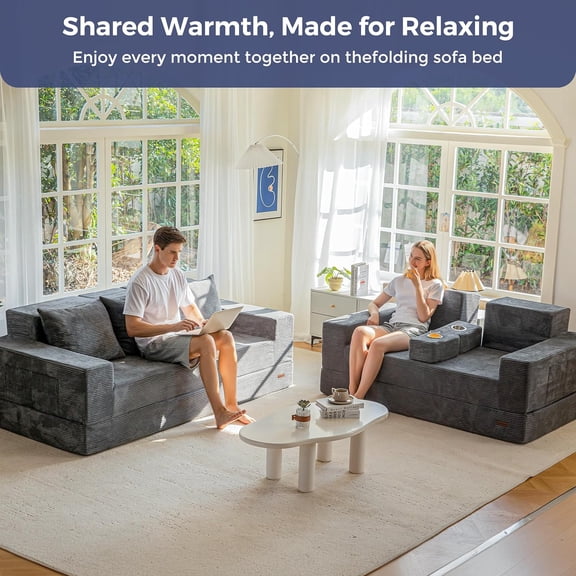 Convertible Sofa Bed, 80 Oversized Boneless Loveseat Couch 4 in 1 Foldable Floor Sofa with Cup Holders for Living Room