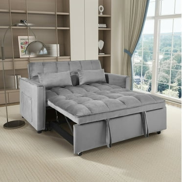 Convertible Sofa Bed with Adjustable Backrest, 3-in-1 Pull Out Couch Bed with Side Pockets & Waist Pillows, Convertible Sleeper Loveseat for Living Room Office, Space Saving, Easy Assembly, Light Gray