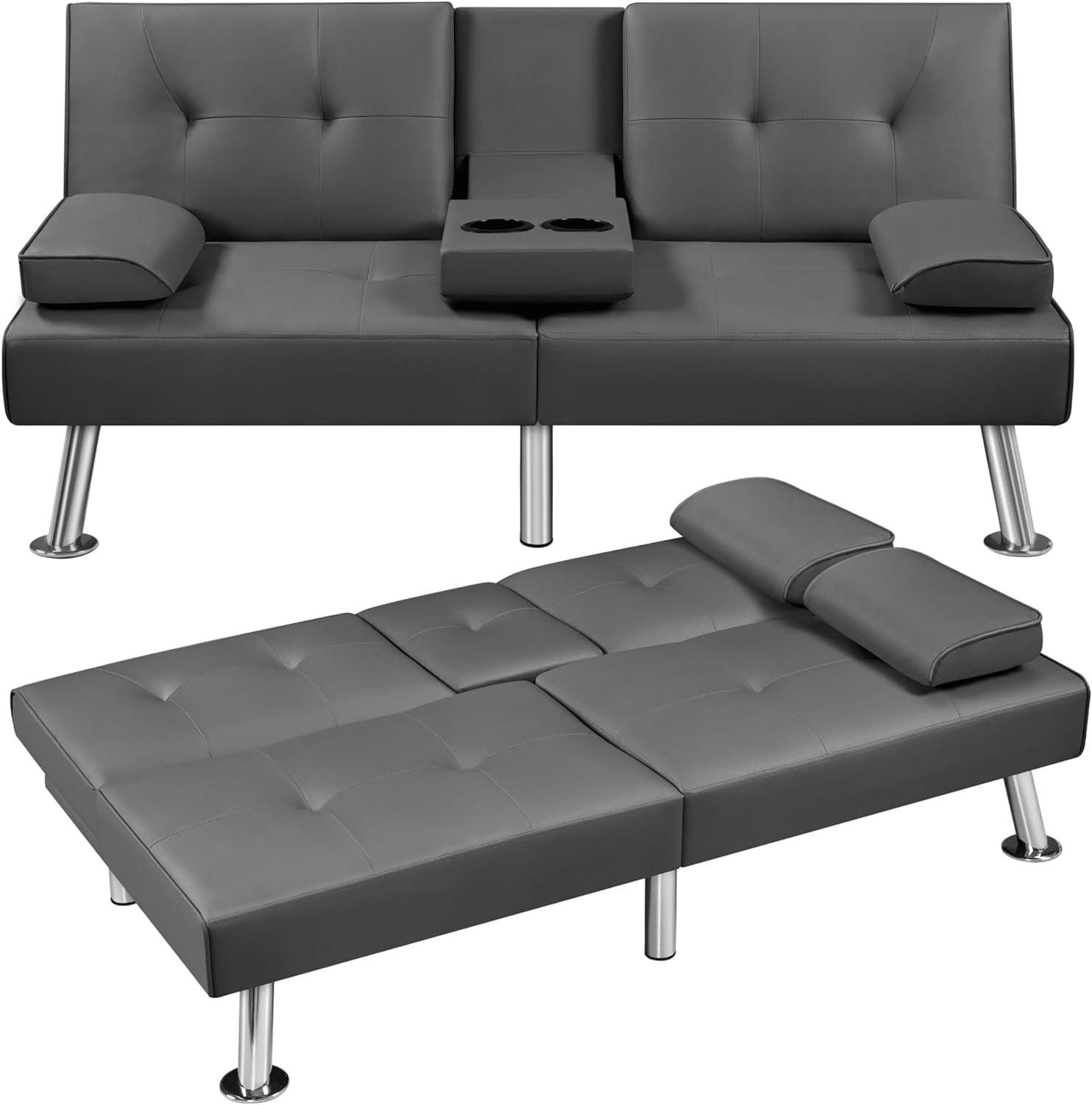 Convertible Sofa Bed Adjustable Couch Sleeper Modern Faux Leather ...