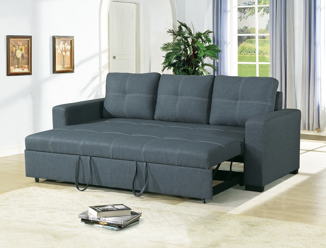 Convertible Sofa Bed Bobkona Living Room Sofa w Pull out Bed Accent Stitching Comfort Couch Blue Grey Polyfiber - image 1 of 5