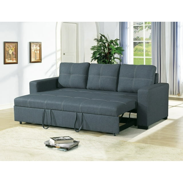 Convertible Sofa Bed Bobkona Living Room Sofa w Pull out Bed Accent Stitching Comfort Couch Blue Grey Polyfiber