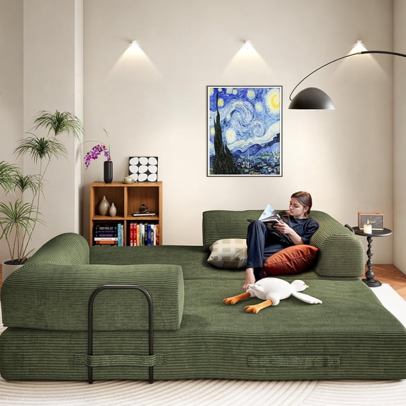 Convertible Sofa Bed, Boneless Corduroy Sleeper Foldable Modular Couch, Memory Foam Compressed Sofa in A Box,Folding Mattress Floor Couch for Small Space Living Room Apartment Bedroom,Light Green