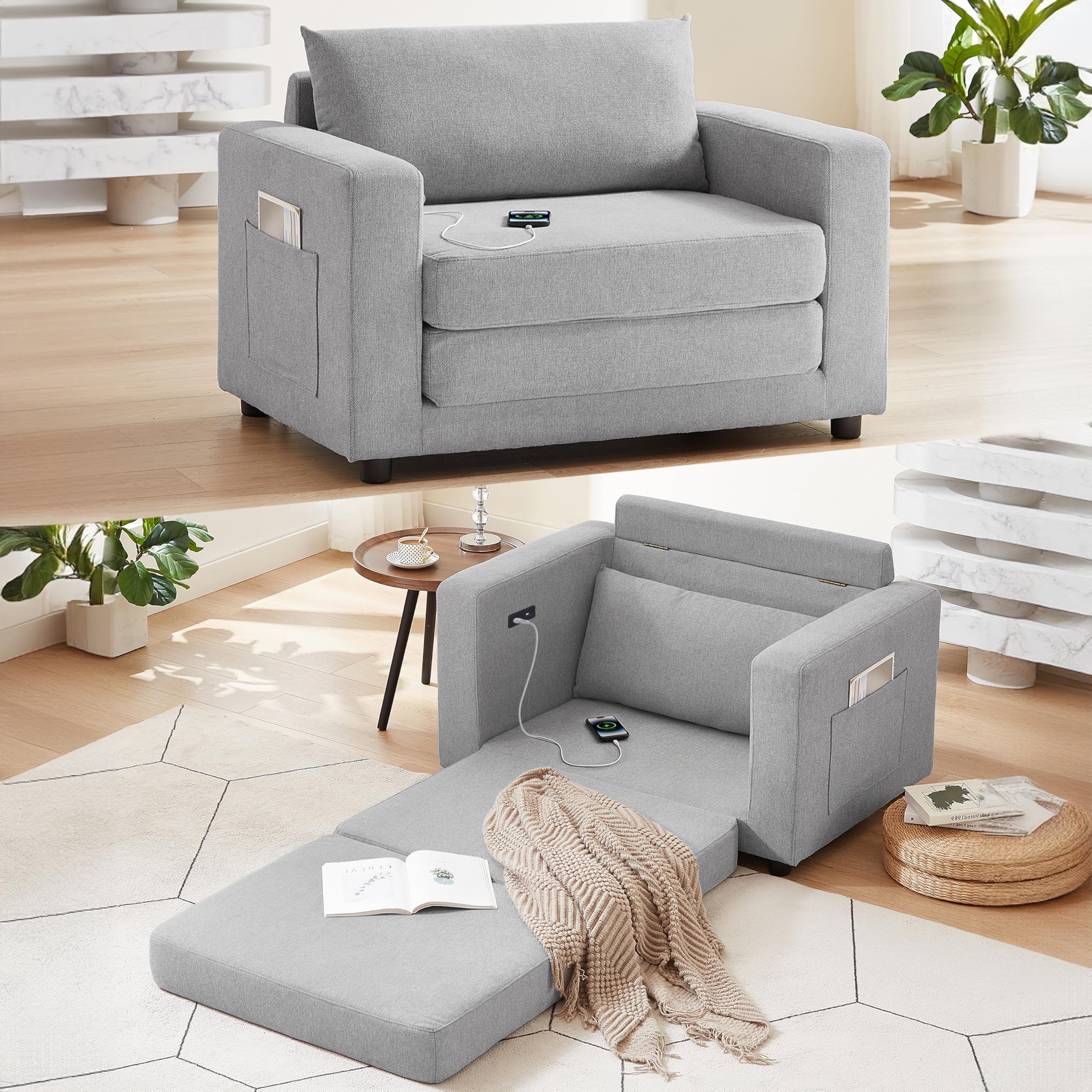 Convertible Sofa Bed Comfy Linen Sleeper Sofa with Storage Pockets,USB ...