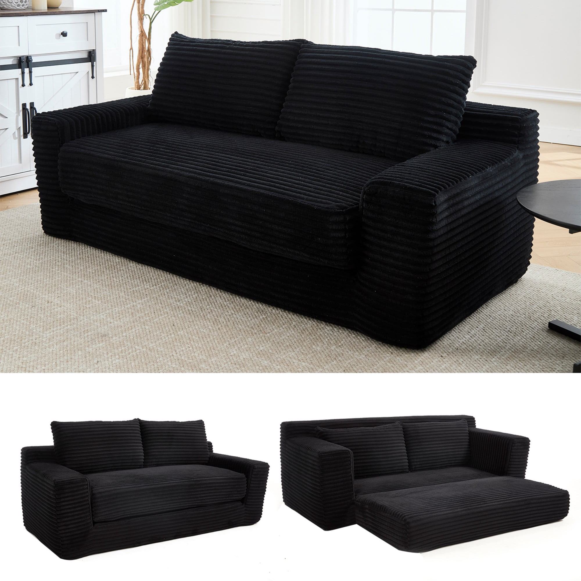 Convertible Sofa Bed,Compression Sofa,Corduroy Fabric Loveseat Sofa Floor Sofa Bed for Small Spaces, Apartments,No Assembly,Black