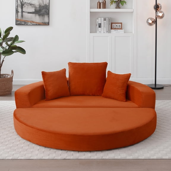 Convertible Sofa Bed, Corduroy Floor Lounge Sofa, Multi-Functional Futon Couch Bed Adjustable to Queen Size, No Assembly Modern Apartment Sofa for Living Room, Orange