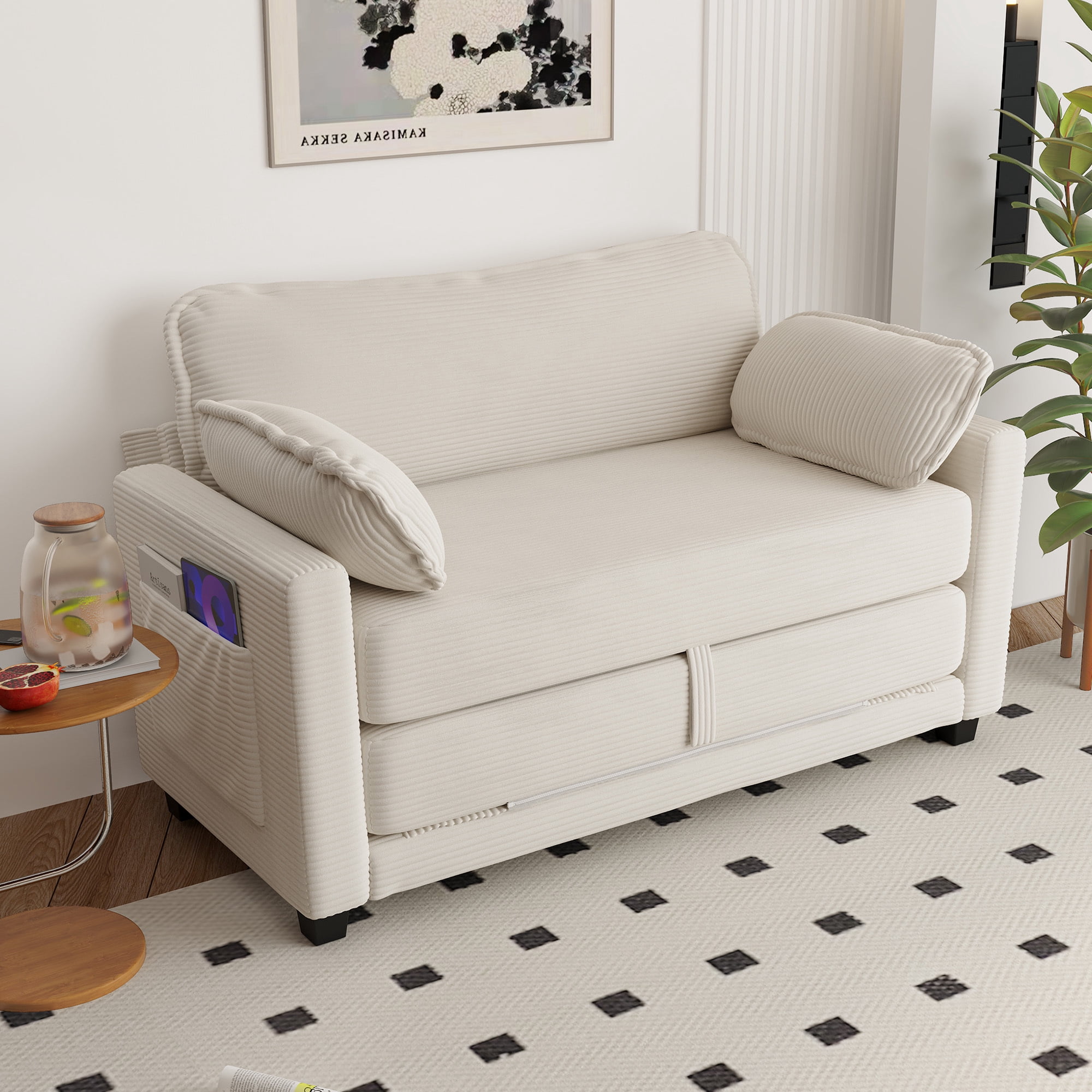 Convertible Sofa Bed,Corduroy Folding Sofa Bed,Loveseat Sleeper Sofa with Side Storage,Floor Couch for Apartment Living Room Bedroom,Beige