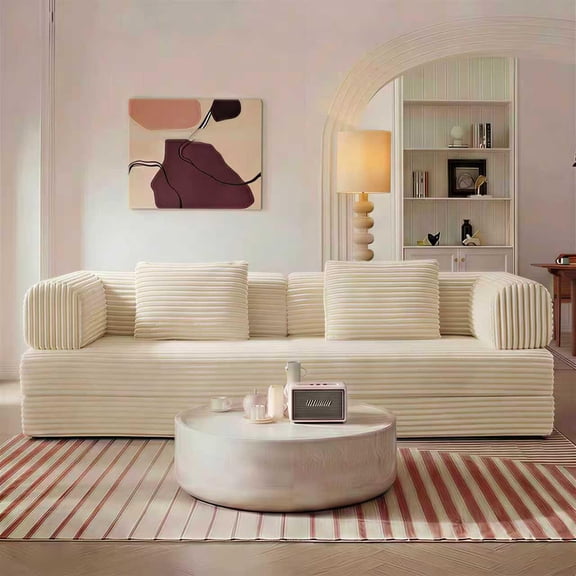 Convertible Sofa Bed, Floor Sofa with Pillow Back Support and Corduroy Fabric, Modular Sectional Design for Small Spaces, Beige