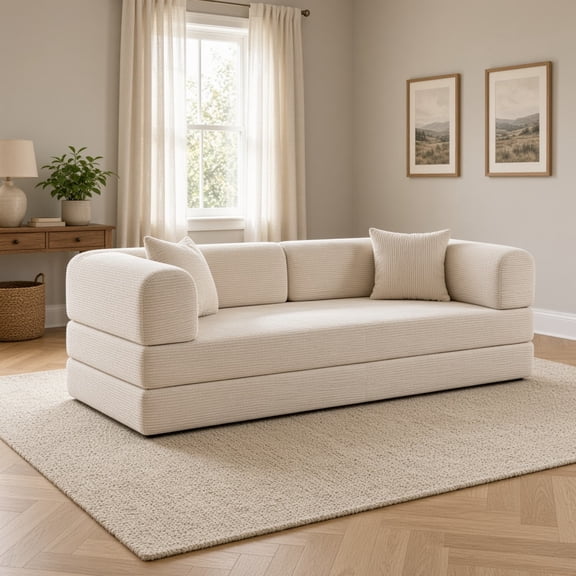 Convertible Sofa Bed, Folding Floor Couch Corduroy Fold Out Bed Futon Sleeper with Pillows, Boneless Lounge for Living Room Bedroom,Beige