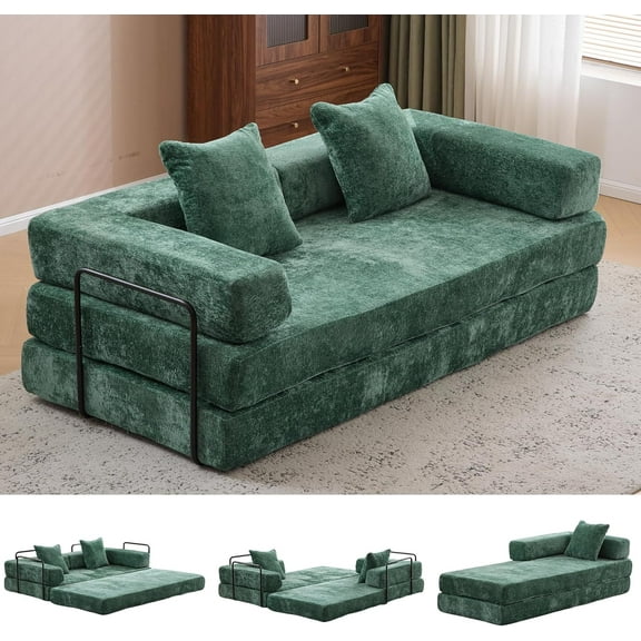 Convertible Sofa Bed, Folding Floor Sofa Boneless Couch with Pillow, Compression Sofas Chenille Foldable Mattress Couch with Fixed-Shape Frame, Futon Lounge Sleeper for Living Room, Dark Green