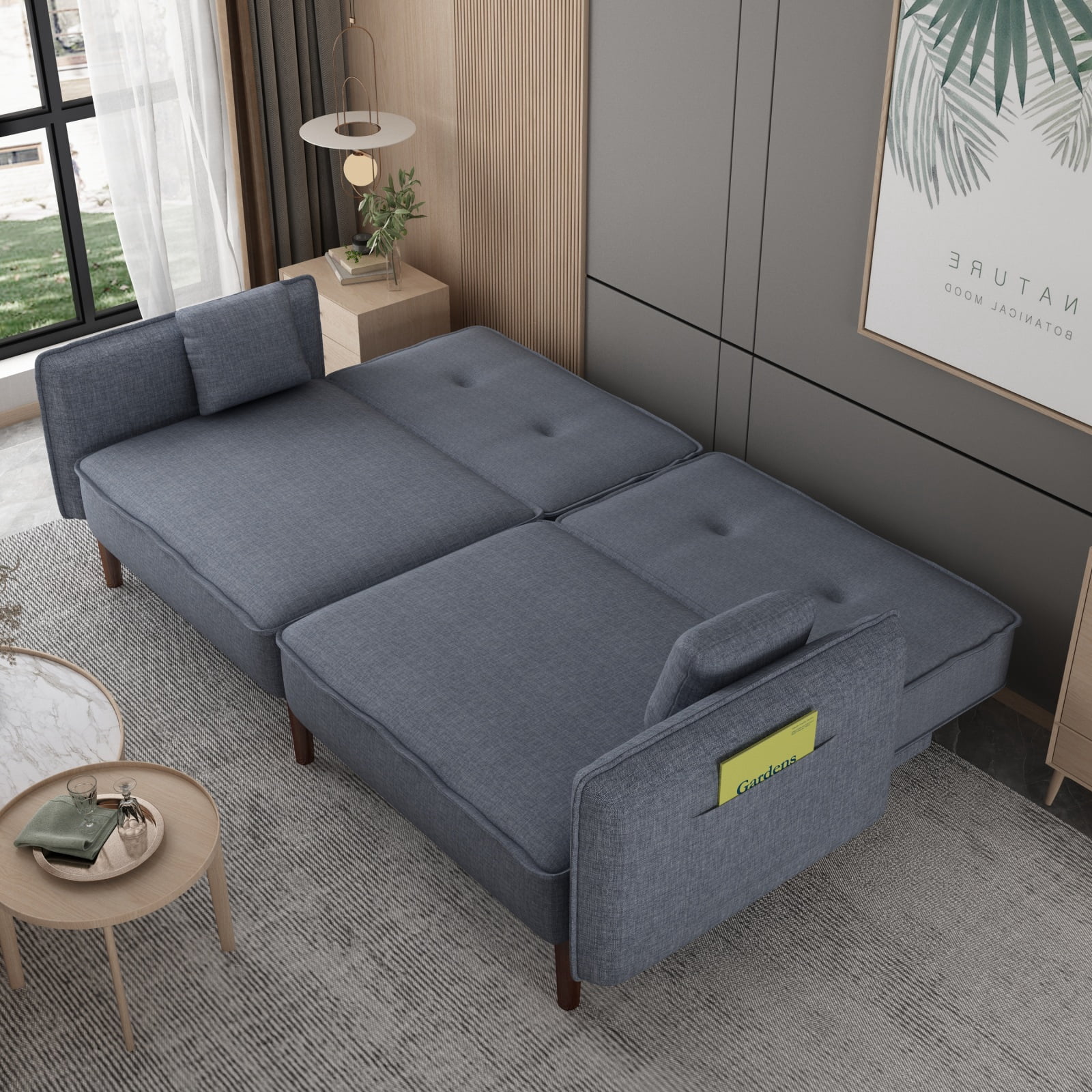 Convertible Sofa Bed, Futon Sofa Bed with Wood Legs in Cotton Linen ...