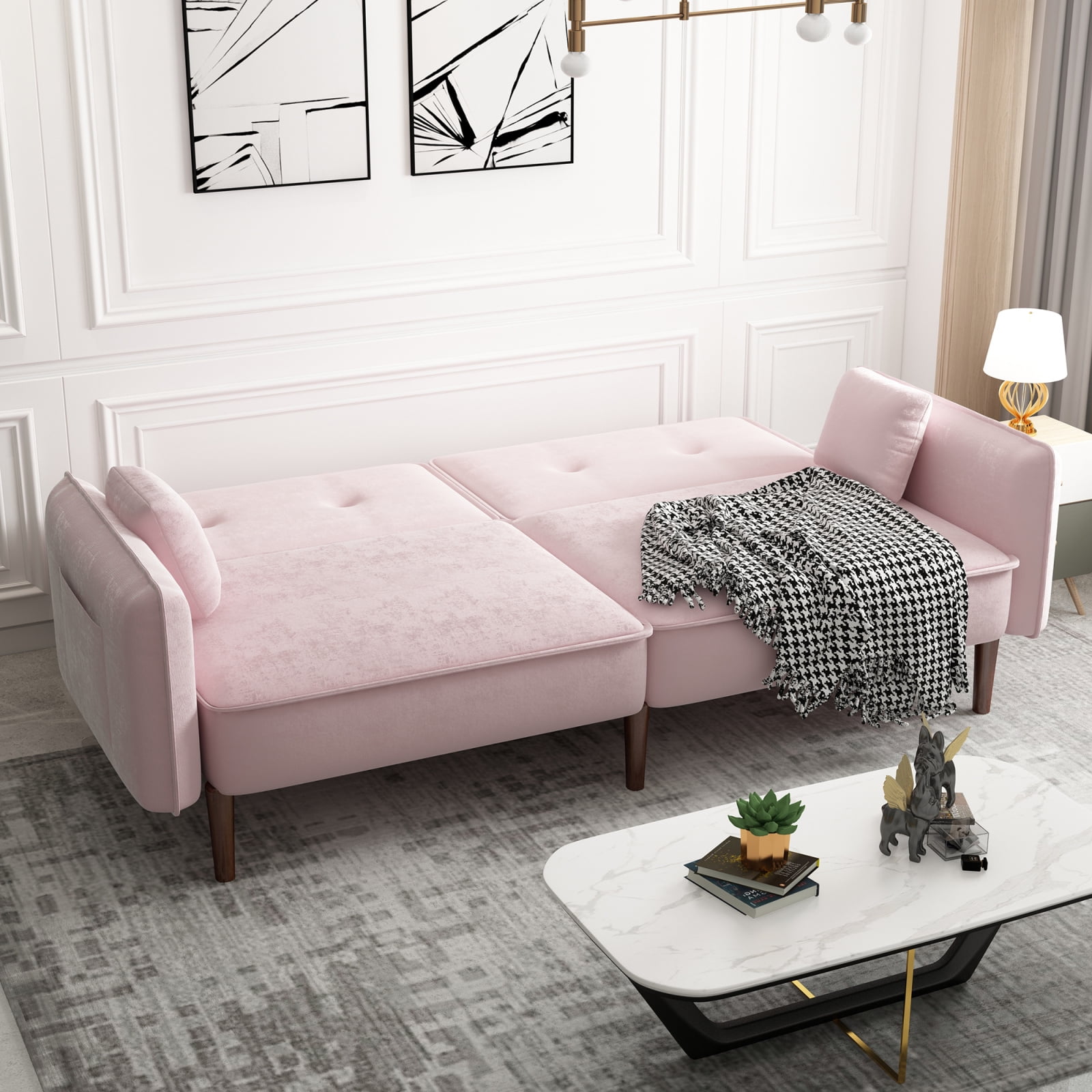 Convertible Sofa Bed, Futon Sofa Bed with Wood Legs in Cotton Linen ...