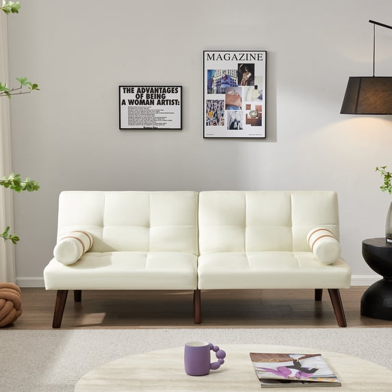 Convertible Sofa Bed Futon With Solid Wood Legs Linen Fabric Ivory ...