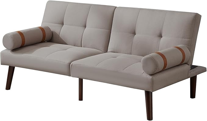 Convertible Sofa Bed Futon with Solid Wood Legs Linen Fabric Light Grey ...