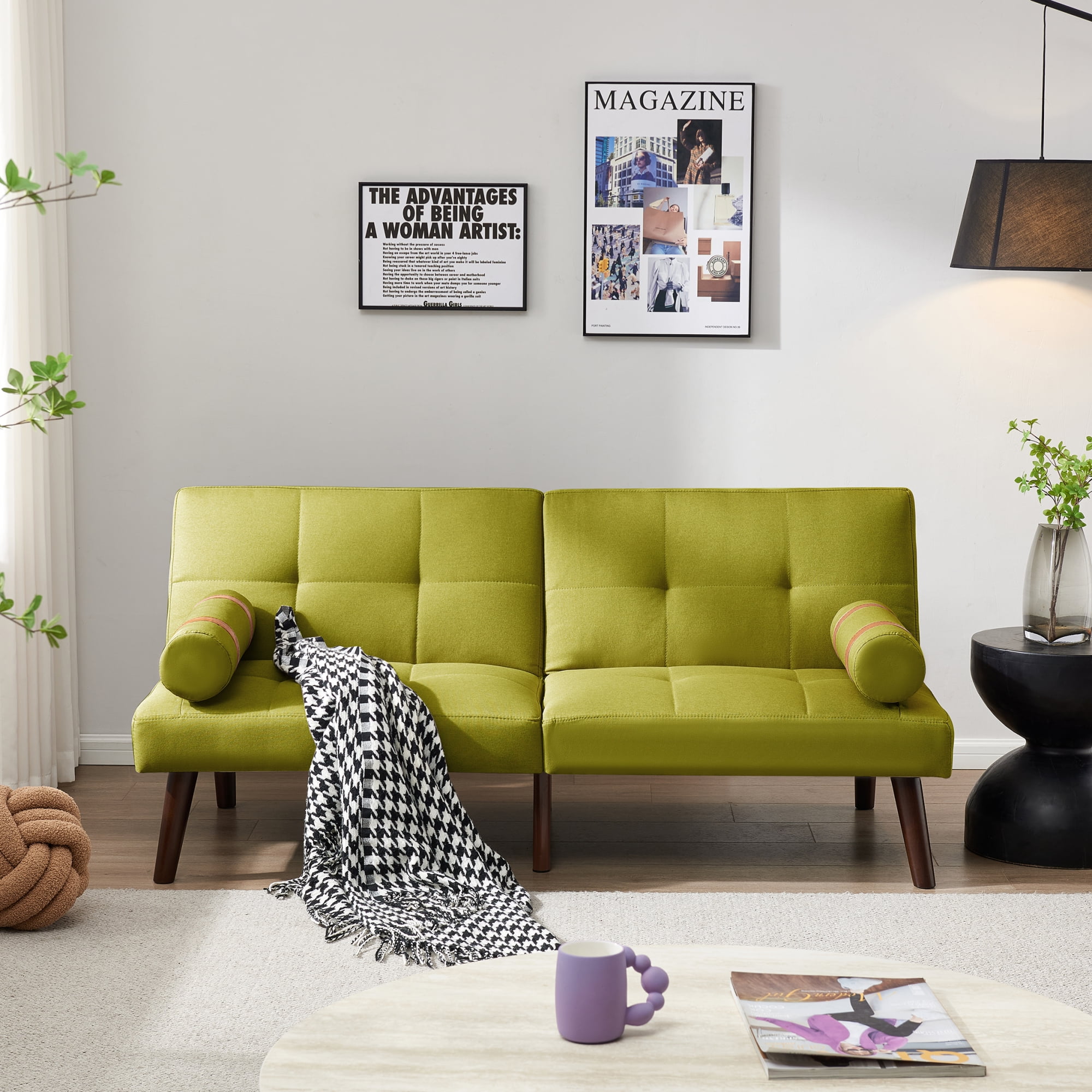 Convertible Sofa Bed Futon with Solid Wood Legs Linen Fabric Musterd