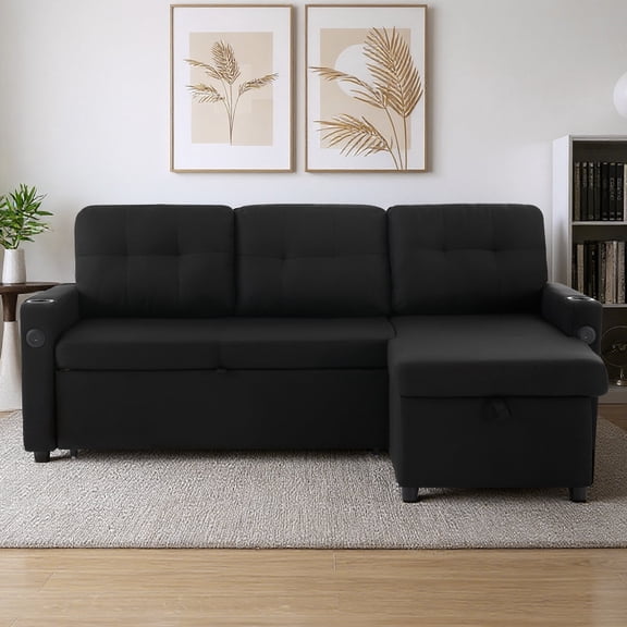 Convertible Sofa Bed, L Shaped Pull Out Sleeper Couch Bed, 2 in 1 Sleeper Sofa with Storage Chaise, Reversible Sectional Couches for Living Room Office Apartment,Black