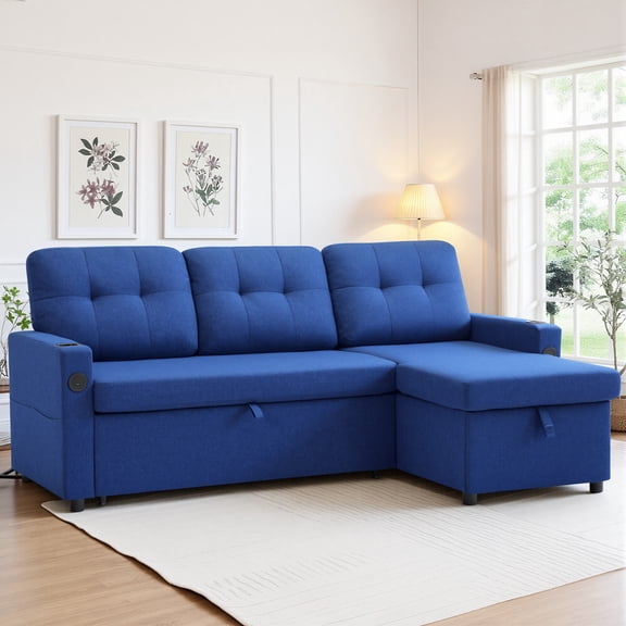 GAOHAPY Solo Classic L-Shaped Linen Convertible Sleeper and Storage Chaise Sectional Sofa with Pillows, Blue