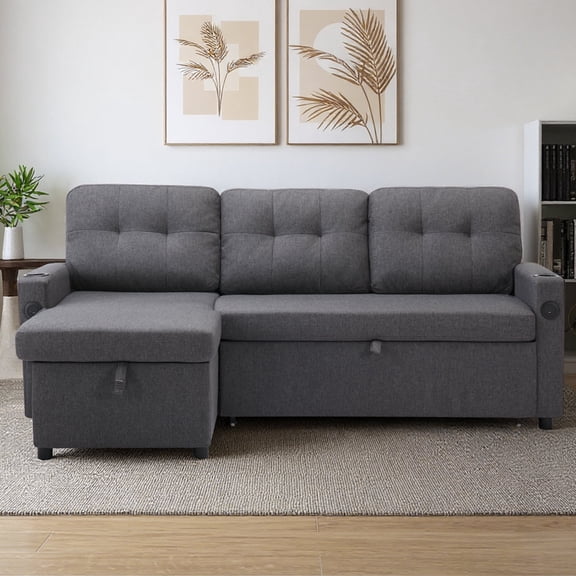 Convertible Sofa Bed, L Shaped Pull Out Sleeper Couch Bed, 2 in 1 Sleeper Sofa with Storage Chaise, Reversible Sectional Couches for Living Room Office Apartment,Dark grey