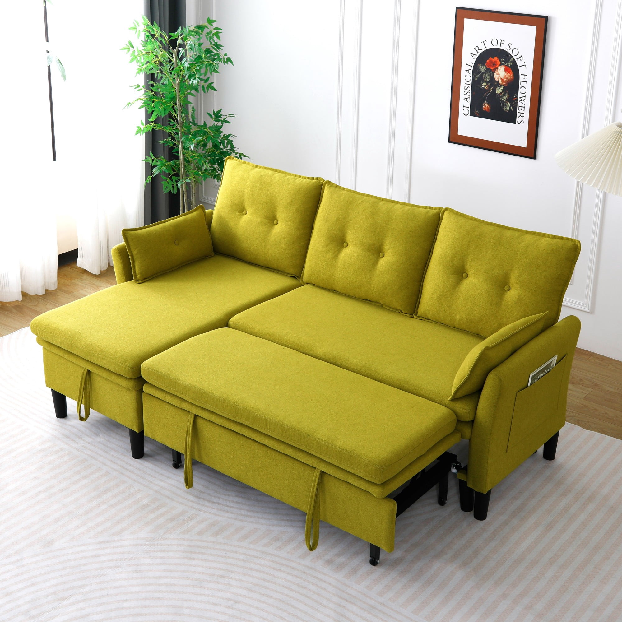 Convertible Sofa Bed,L-Shaped Sectional Sleeper Sofa with Storage Chaise,Cotton Linen Pull Out Sleeper Couch for Small Living Room,Apartment,Green