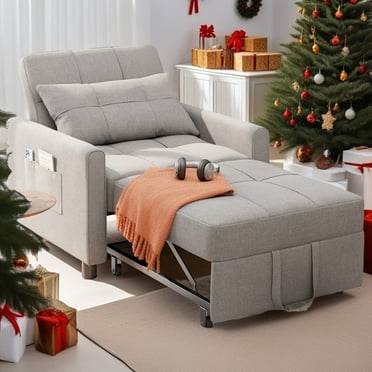 Convertible Sofa Bed, Lofka 3 in 1 Sleeper Chair with Pull-Out Bed and Side Pocket for Small Spaces, Light Gray