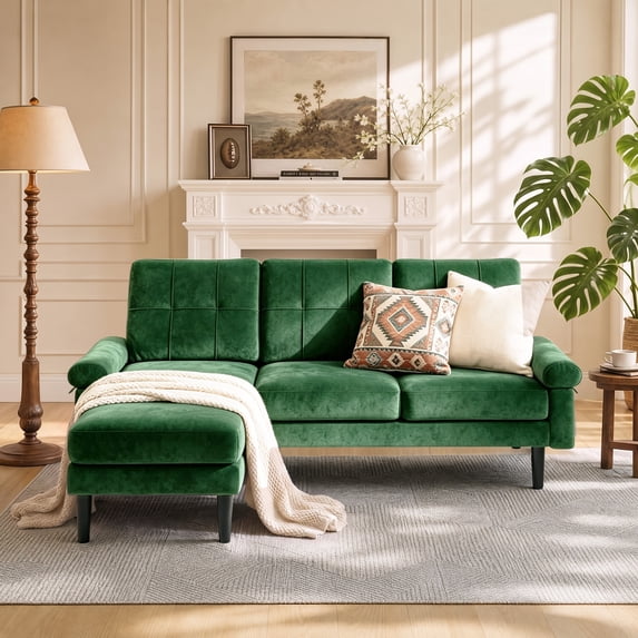 Lofka Modern Velvet Sectional Sofa Bed with Sleeper Chaise Lounge and Soft Cushions for Small Spaces and Office, Green