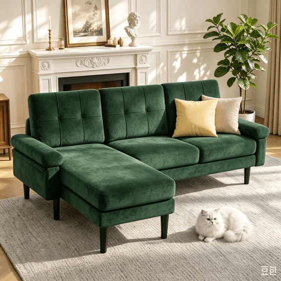 Lofka Modern Velvet Sectional Sofa Bed with Sleeper Chaise Lounge and Soft Cushions for Small Spaces and Office, Green
