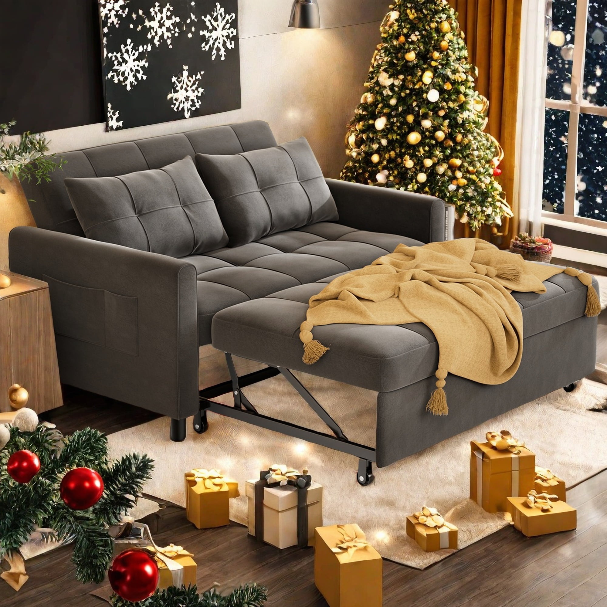 Lofka Convertible Sofa Bed - 3-in-1 Sleeper Couch with Pull-Out Bed, Velvet Upholstery, Side Pocket & Modern Design, Perfect for Small Spaces (Gray)