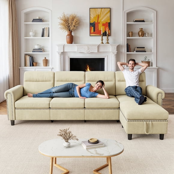 Lofka 106" Modern Sectional Sofa and Couches Bed with Storage and Movable Ottoman for Living Room, Beige