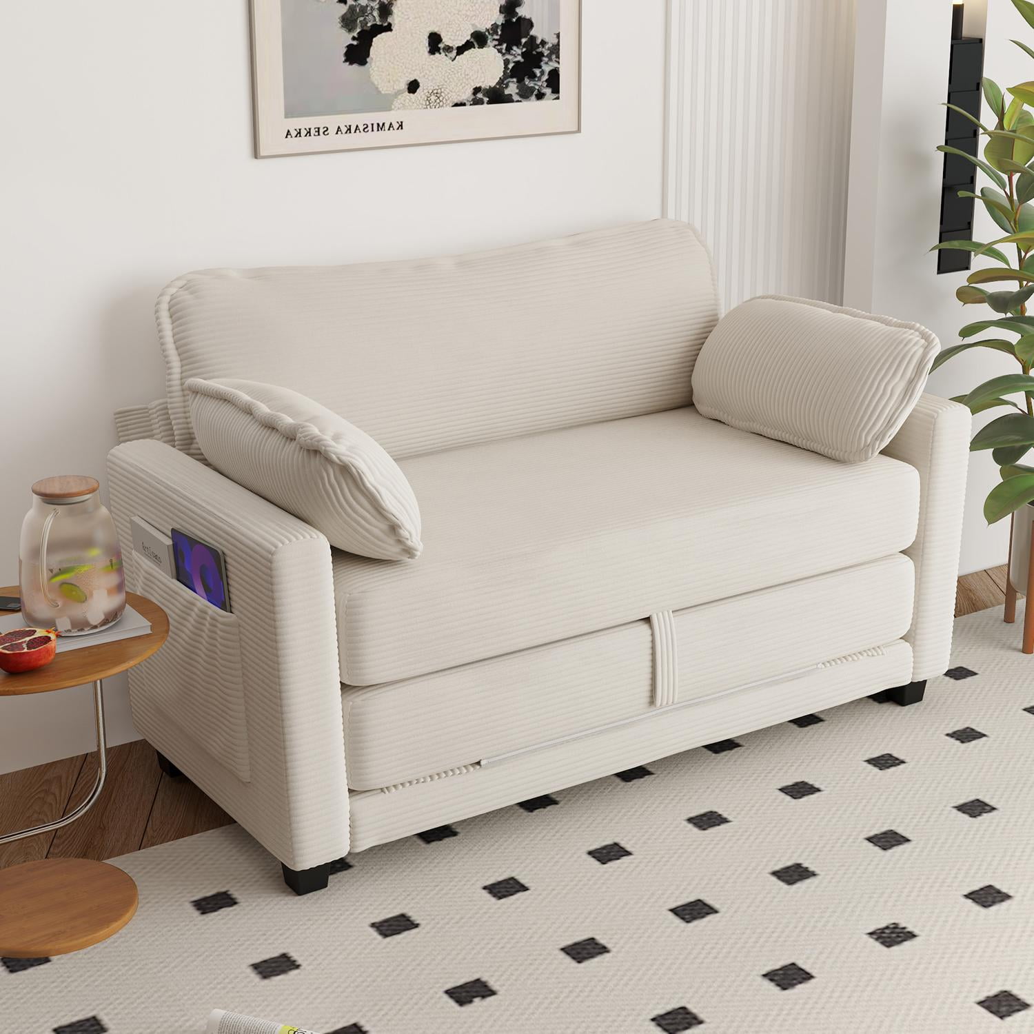 Convertible Sofa Bed, Loveseat Sleeper, 2-in-1 Sofa with Skin-Friendly Corduroy Fabric, Zero-Threshold Form Switch and Side Storage Pocket, for Small Space Living Room, Beige