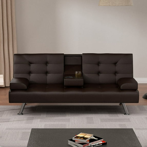 Convertible Sofa Bed, Modern Sleeper Sofa with Adjustable Backrest,Adjustable Sofa Bed with 2 Cup Holders,Upholstered Comfy Couch for Living Room, Bedroom, Office, Apartment,Brown