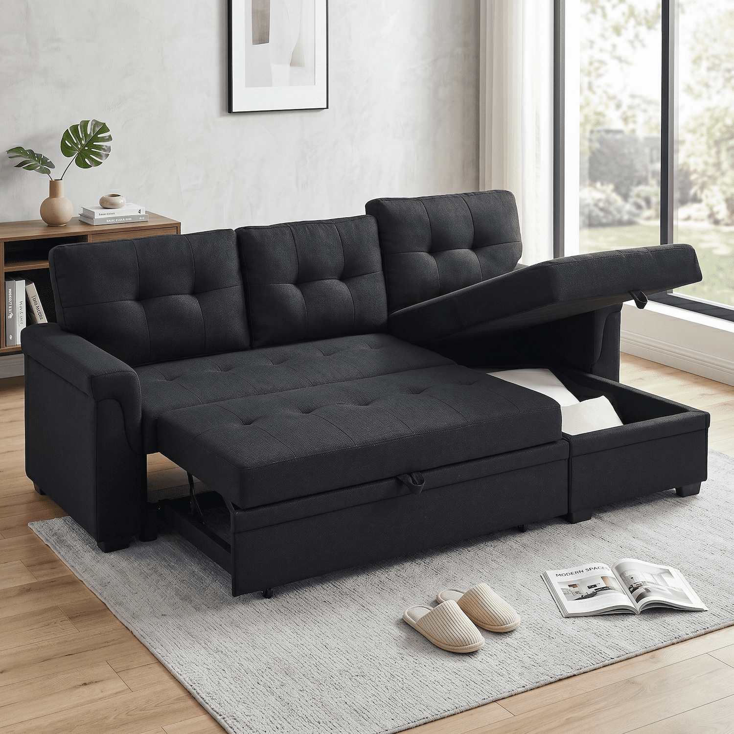 Convertible Sleeper Sofa Bed 86" L Shaped Sectional Couch with Pull Out Bed & Reversible Storage Chaise, Modern Linen Fabric Sofa Couch for Living Room Apartment (Black)