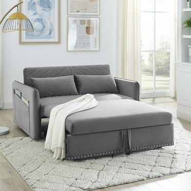 Convertible Sofa Bed Modern Velvet Loveseat with Adjustable Recliner and Pull Out Bed Sofa Bed Sleeper with 2 Lumbar Pillows and Side Pocket 3-in-1 Adjustable Sleeper for Living Room, Gray