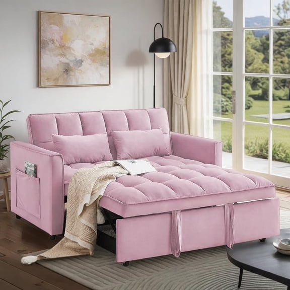 Convertible Sofa Bed, Pull Out Couch with Side Pockets, 3 in 1 Velvet Fabric Loveseat Sleeper Sofa Bed, Pull Out Couch with Adjustable Backrest for Living Room, Bedroom, Apartment, Pink