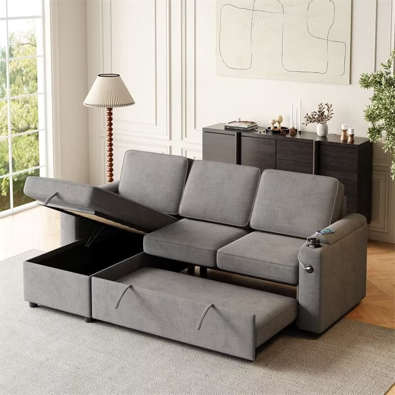 Convertible Sofa Bed with Pull Out Bed, 2 in 1 Sectional Sleeper ...