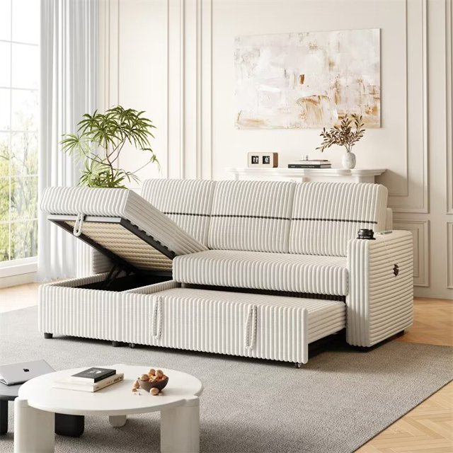 Convertible Sofa Bed with Pull Out Bed, 85 Inches Corduroy LShaped