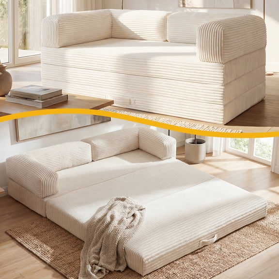 Convertible Sofa Bed Queen Size,5-in-1 Tri-Fold Boneless Couch with Removable Armrests & Handle,Corduroy Futon Sleeper Sofa,Beige