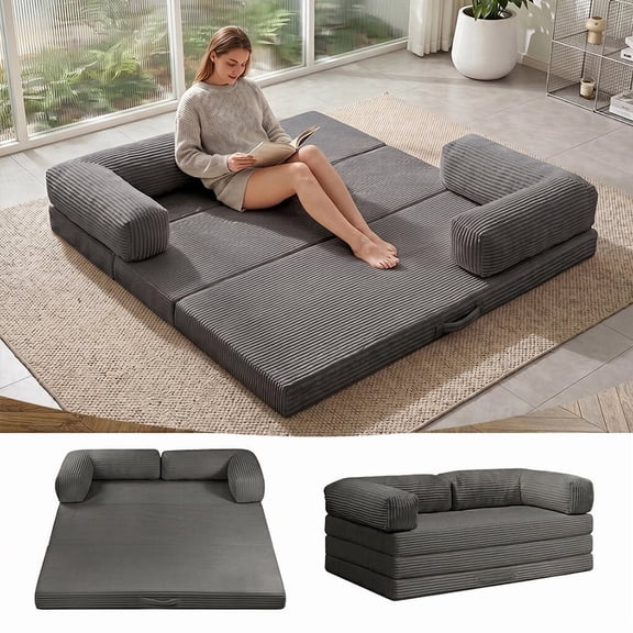 Convertible Sofa Bed Queen Size,5-in-1 Tri-Fold Boneless Couch with Removable Armrests & Handle,Corduroy Futon Sleeper Sofa,Gray