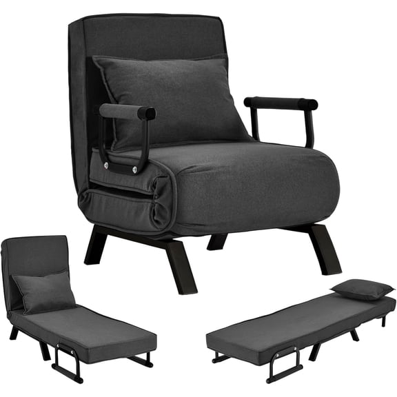 Convertible Sofa Bed Sleeper Chair,Single Person Chaise Lounge Couch with Pillow,Upholstered Lazy Bed with 6 Angles Adjustable Backrest,Folding Sofa Arm Chair for Apartment/Office/Home (Dark Gray)