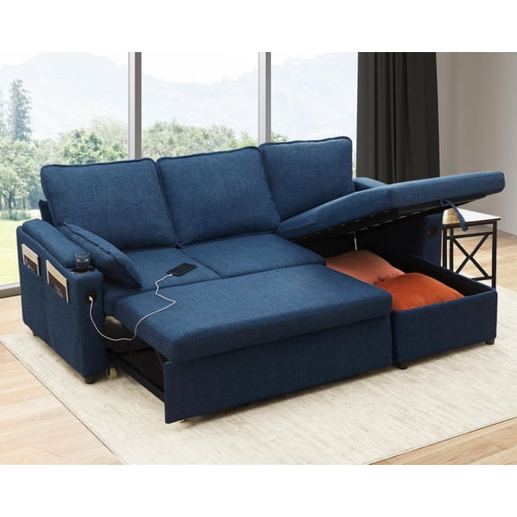 Convertible Sofa Bed Sleeper Pull Out Sectional Couch with Storage, L Shaped Couch Bed for Living Room,Apartment,Small Space - Blue
