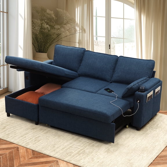 Sectional Couches Sofas Sleeper Bed L shape with Storage for Living Room Family Rooms Blue