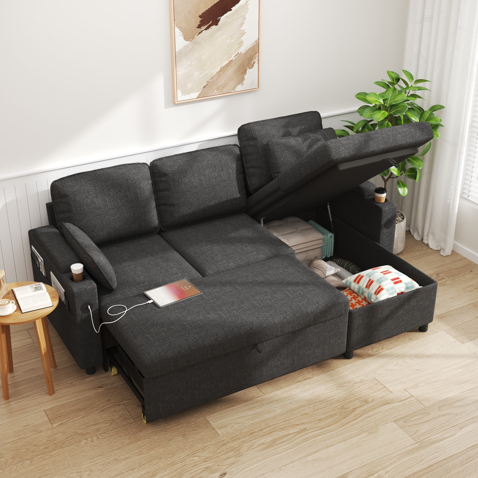 Convertible Sofa Bed Sleeper Pull Out Sectional Couch with Storage, L ...
