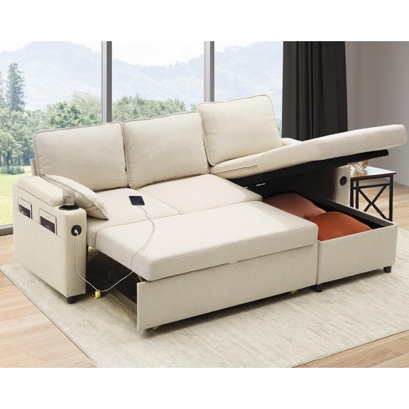 Convertible Sofa Bed Sleeper Pull Out Sectional Couch with Storage, L Shaped Couch Bed for Living Room,Apartment,Small Space - White
