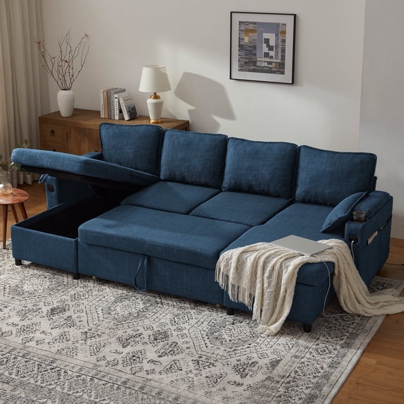 Sectional Couches Sofas Sleeper Bed U shape with Storage for Living Room Family Rooms Blue