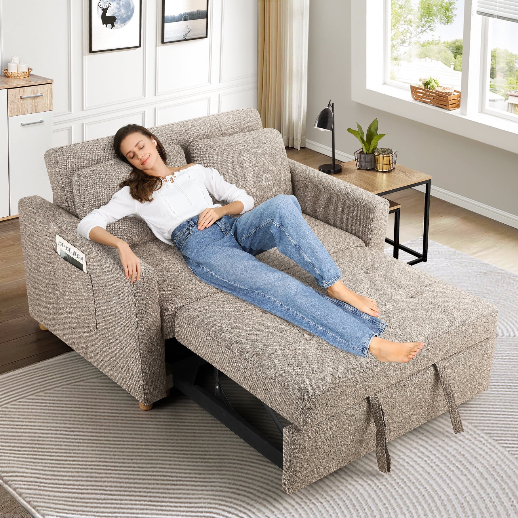 51" Convertible Loveseat Sofa Bed - Fold-Out Sleeper For Small Spaces, Grey Chenille, Holds 600 Lbs, With Storage Pockets