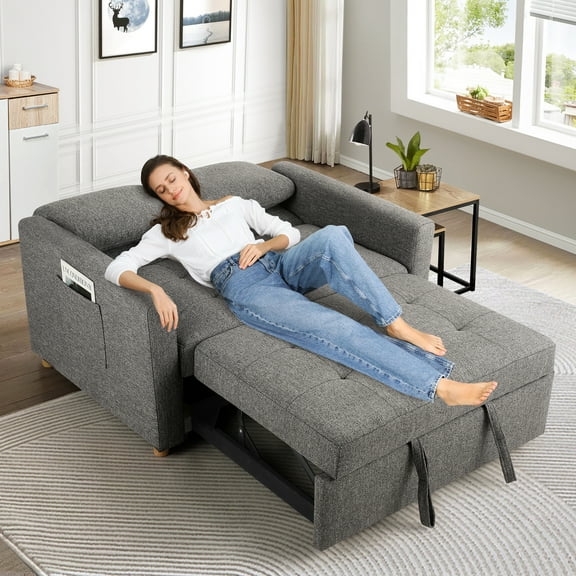 Convertible Sofa Bed, Sleeper Sofa with Pull-Out Bed, Linen Fabric 3-in-1 Futon Couch with Reclining Backrest and Side Pocket, Modern Loveseat for Living Room,Dark Grey