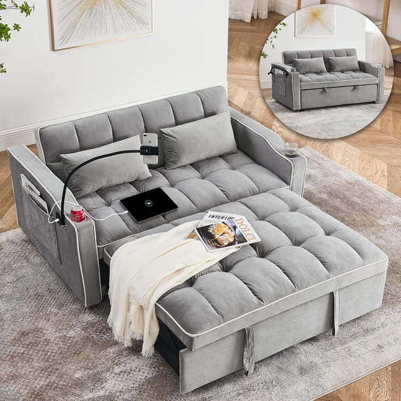 Convertible Sofa Bed, Sleeper Sofa with Side Pocket, Adjustable Backrest, Living Room Sofa with Phone Holder, Pull Out Couch, Loveseat with Cup Holder and USB Interface (Velvet, Gray)