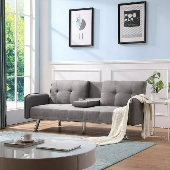 Convertible Sofa Bed, Tufted Upholstery Couch with 3 Adjustable Angles Backrest and Metal Legs, Padded Sleeper Loveseat Couch Leisure Sofa with Armrest for Living Room, Light Gray