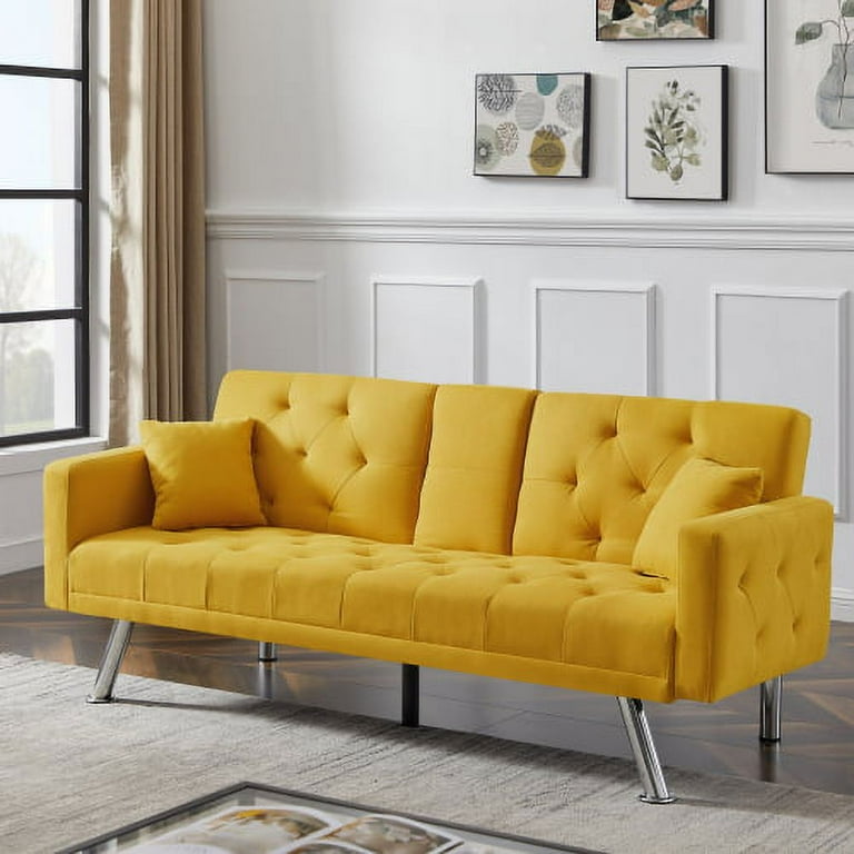 Convertible Sofa Bed Upholstered Accent Sleeper Sofa with 2 Cupholders and Adjustable Backrest Modern Comfy Sofa Bed with Metal Legs for Living Room