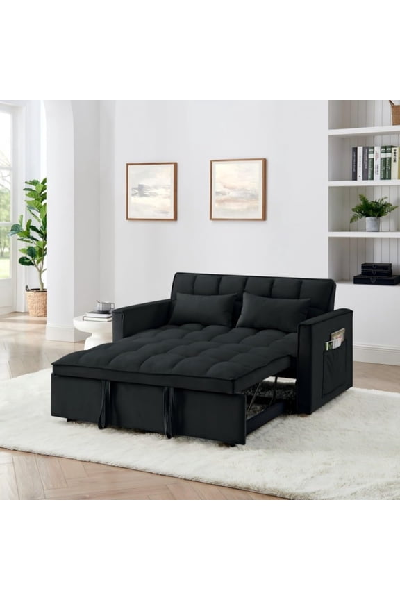 Convertible Sofa Bed, Velvet Sleeper Sofa with Adjustable Backrest, 3-Second Foldable Pull Out Couch, Tufted Modern Sofa Bed for Small Spaces, Living Room & Guest Room, Black