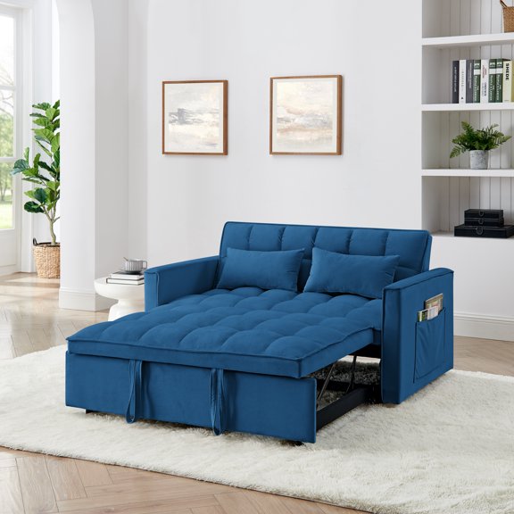 Convertible Sofa Bed with Adjustable Back, Velvet, 3 Positions, Blue, 54 Inch